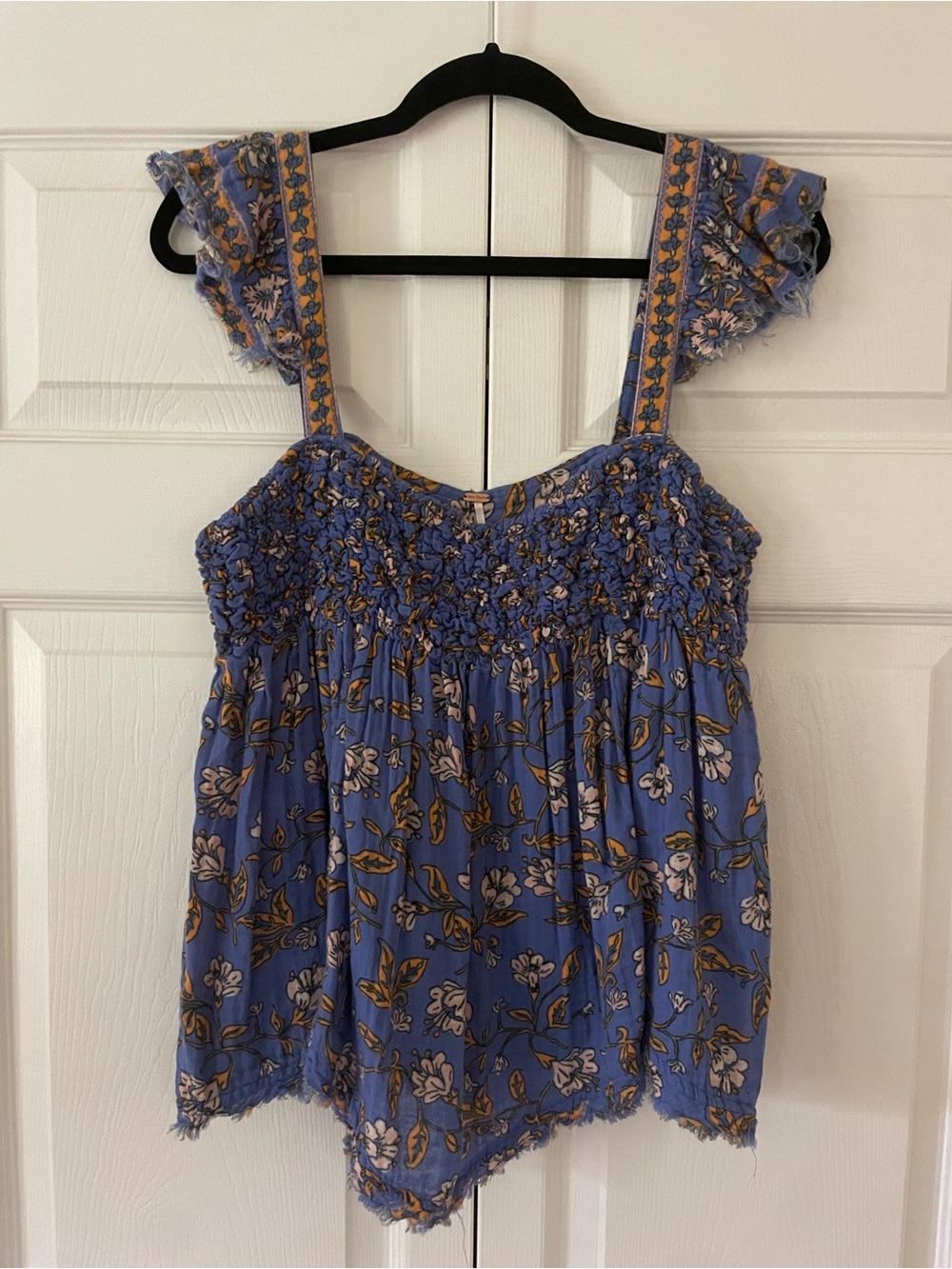 Free People Blue Floral Smocked Camisole with Gold Accent